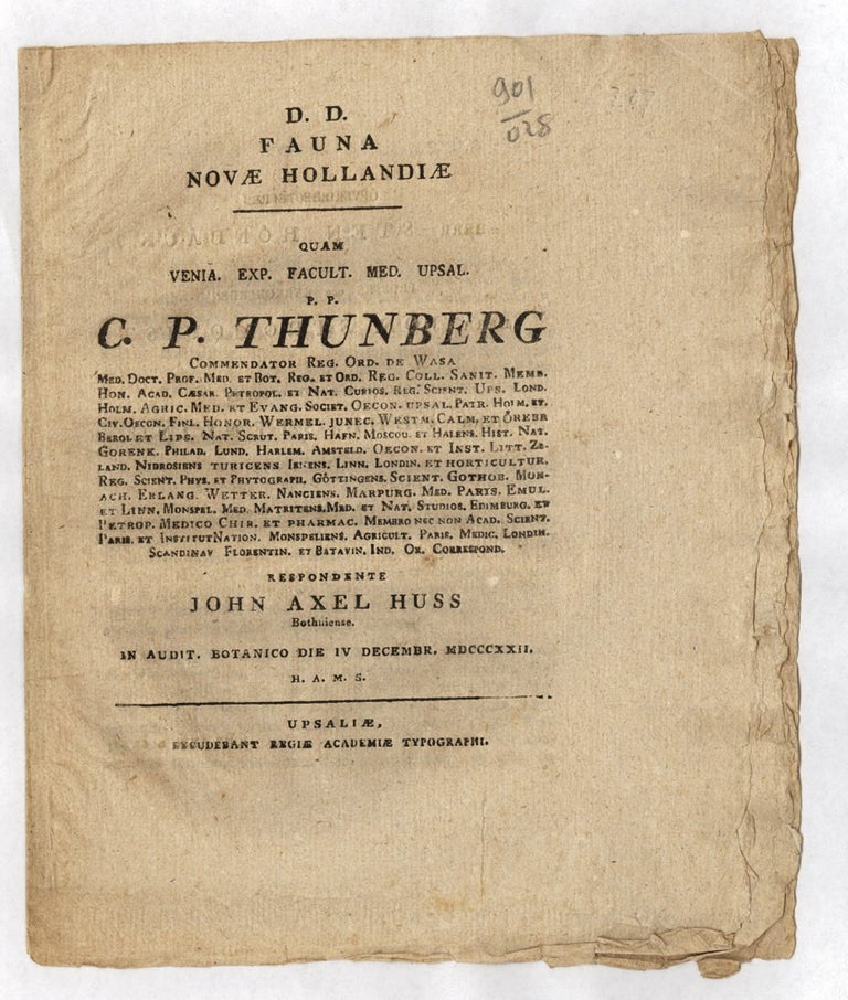 Item #2901028 D.D. Fauna Novae Hollandiae…. John Axel HUSS, Carl Peter THUNBERG.