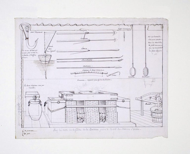 Item #3308857 Technical drawing of Whaling equipment. WHALING, FRENCH ARTIST.