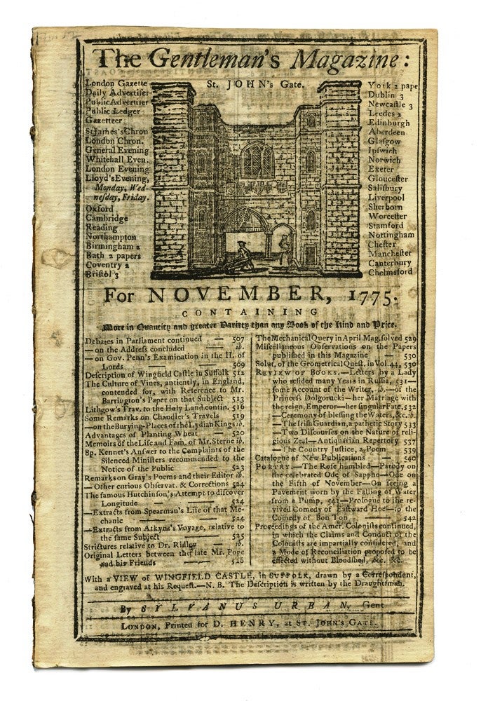 Item #3707085 Article on John Hutchinson's longitude clock in 'The Gentleman's Magazine' for November 1775. John HUTCHINSON.