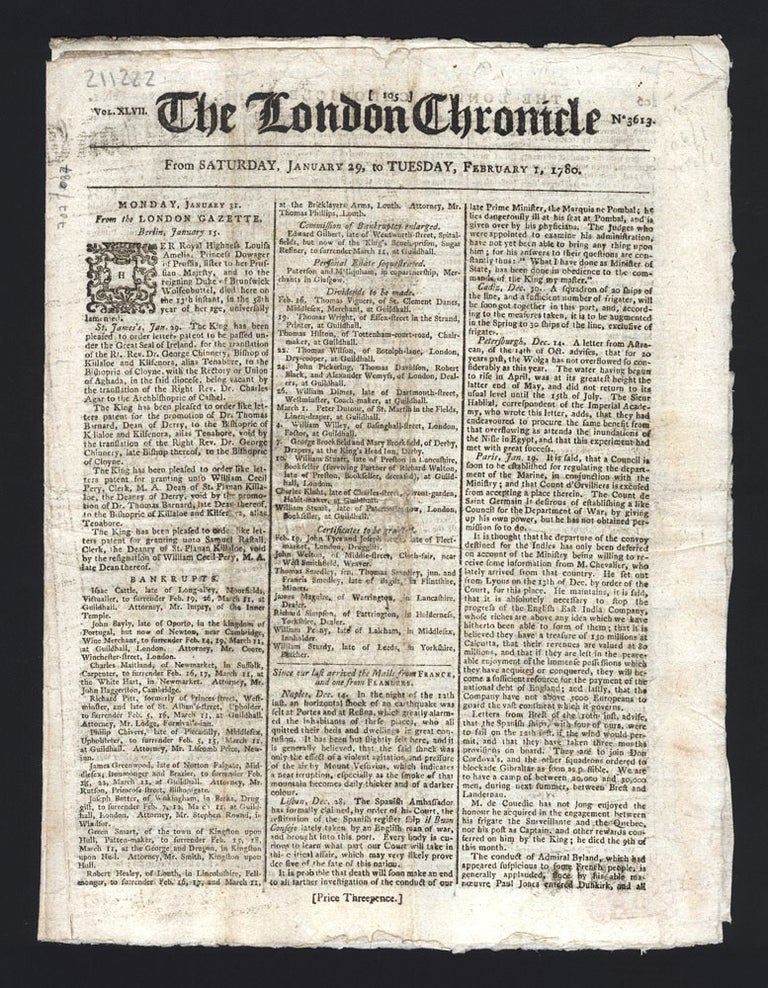 Item #3707087 London Chronicle, late January 1780, containing account of conflict with the Spanish in Florida. WAR OF INDEPENDENCE.