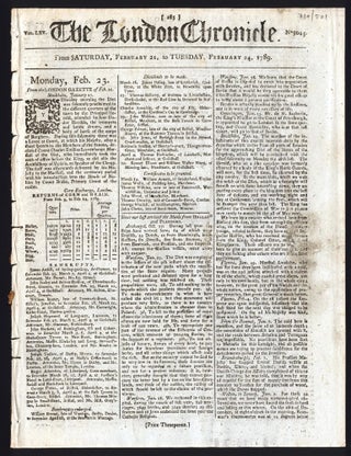 Item #3710501 Notice of the arrival of the First Fleet in the London Chronicle. FIRST FLEET