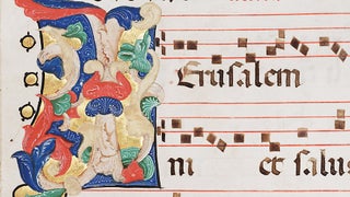 Large illuminated leaf from an Antiphonal centred on the word Jerusalem.