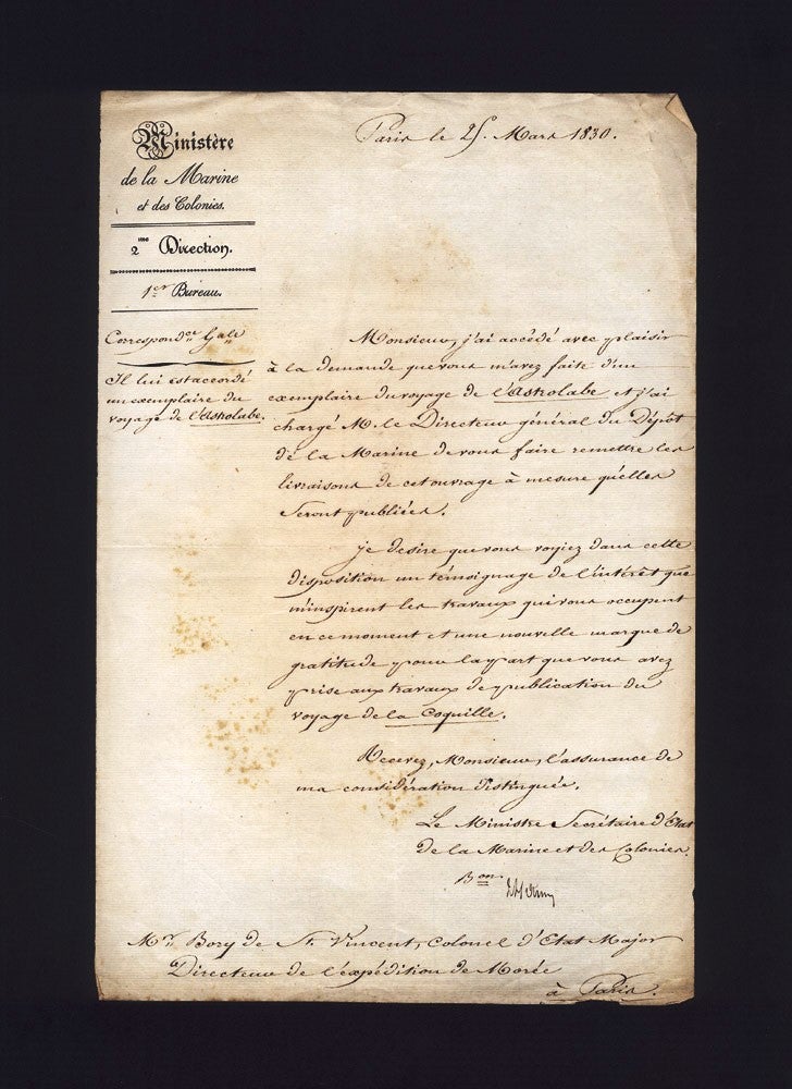 Item #3912550 Original letter signed to Bory de Saint-Vincent, granting him access to the reports of the Astrolabe voyage. DUMONT D'URVILLE, Baron D'HAUSSEZ.