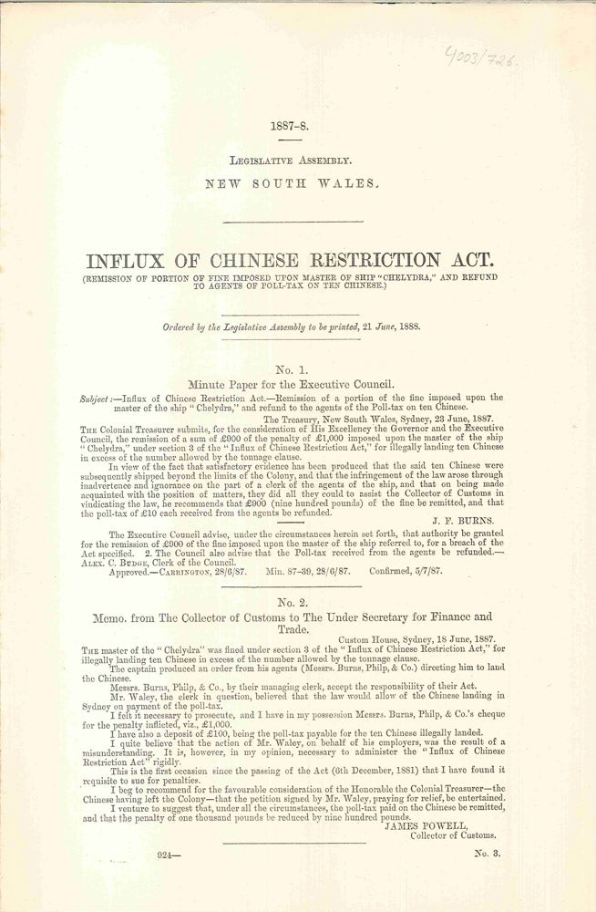 Item #4003726 Influx of Chinese Restriction Act. PARLIAMENT OF NEW SOUTH WALES, J. F. BURNS, James, POWELL.