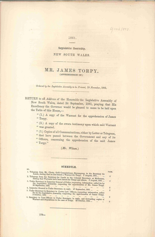 Item #4006853 Mr. James Torpy (Apprehension of). PARLIAMENT OF NEW SOUTH WALES, P. L. CLOETE.