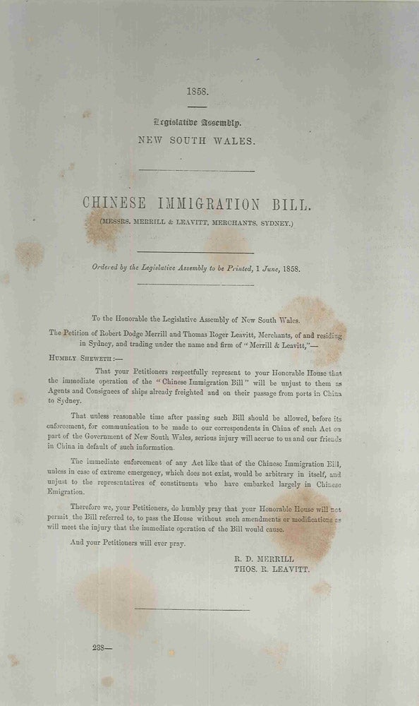 Item #4008002 Chinese Immigration Bill. (Messrs. Merrill & Leavitt, Merchants, Sydney.). R. D. PARLIAMENT OF NEW SOUTH WALES. MERRILL, Thomas R. LEAVITT.