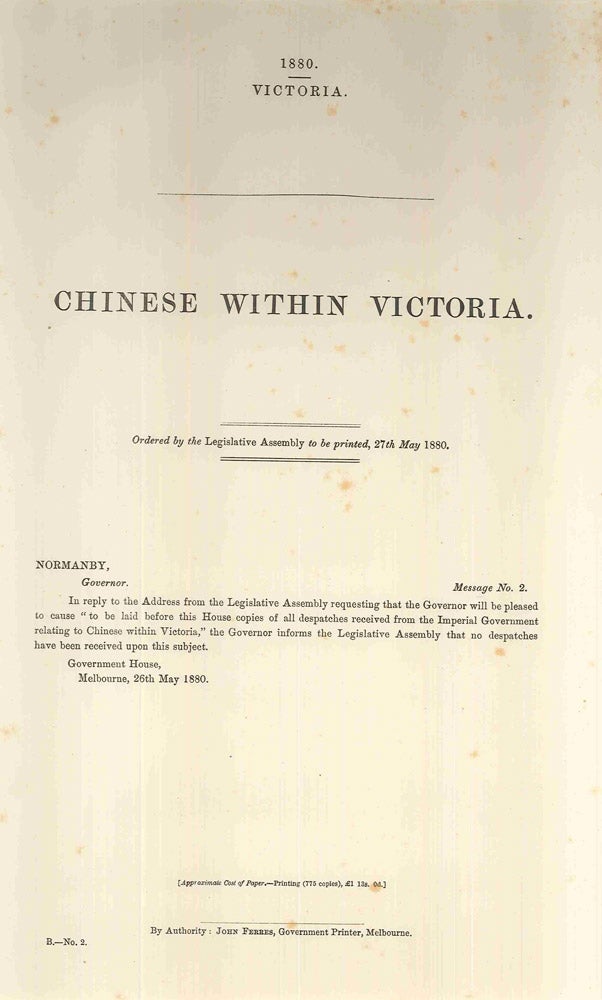 Item #4008003 Chinese Within Victoria. PARLIAMENT OF VICTORIA.