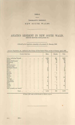 Item #4008004 Asiatics Resident in New South Wales. (Return Showing Population of). PARLIAMENT OF...