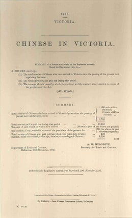 Item #4008005 Chinese in Victoria. Summary of a return…. PARLIAMENT OF VICTORIA, A. W....
