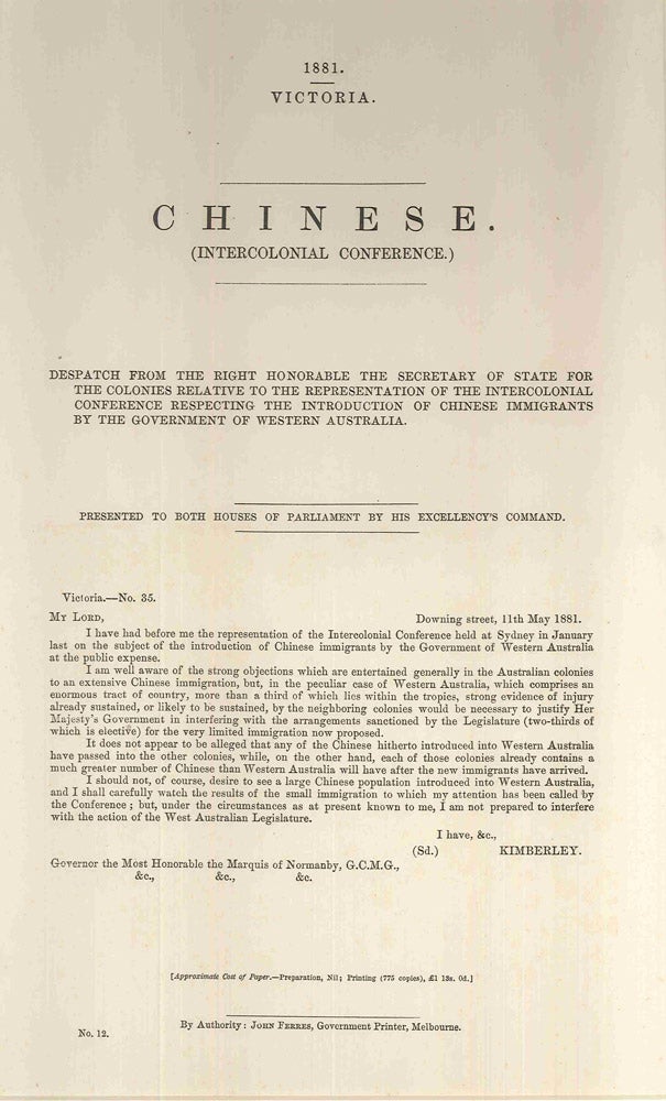 Item #4008031 Chinese. (Intercolonial Conference). PARLIAMENT OF VICTORIA.