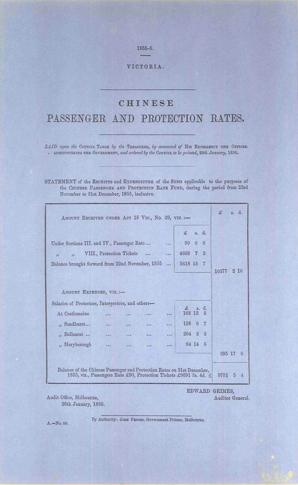 Item #4008996 Chinese passenger and protection rates. PARLIAMENT OF VICTORIA, Edward GRIMES.