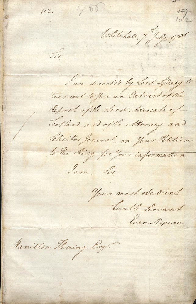 Item #4011271 Original manuscript letter to Hamilton Fleming, signed by Under-Secretary Evan Nepean. Evan NEPEAN.