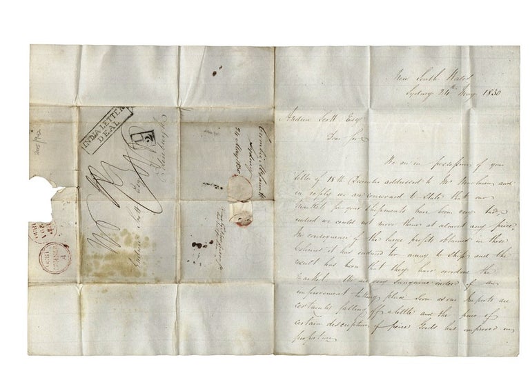 Item #4205942 Letter sent via 'Katherine Stewart Forbes' convict ship to Andrew Scott of Edinburgh. MacLAREN CROMBIE, Co.