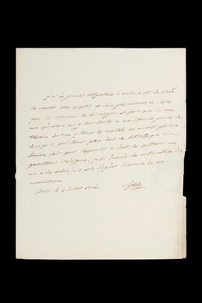 Autograph letter signed, to Vicomte Charles Morel de Vinde regarding the d'Entrecasteaux voyage publication.