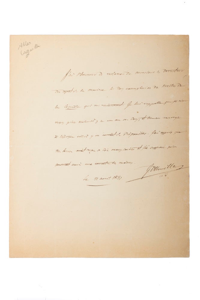 Item #4302354 Autograph letter signed: "Note pour Monsieur Beautemps-Beaupré" Jules Sébastien DUMONT D'URVILLE.