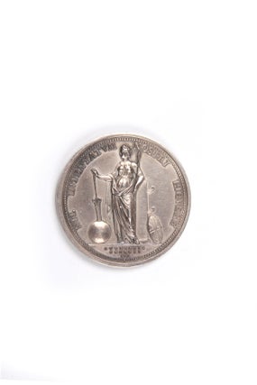 The Royal Society Medal, in commemoration of Captain Cook. Silver issue. Obverse: Uniformed bust of James Cook. Reverse: Fortune leaning upon a column, holding a rudder on a globe.