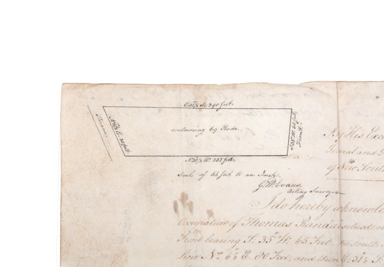 Item #4307506 Land grant on vellum signed by Governor King, and with a small site-sketch by G.W. Evans. SIMEON LORD, Philip Gidley KING.