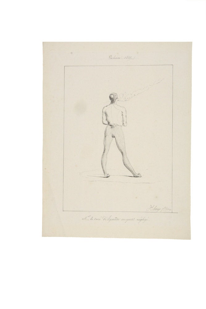 Item #4504053 Original drawing captioned "M le curé d'Agana en petit negligé" FREYCINET VOYAGE, Jacques ARAGO.