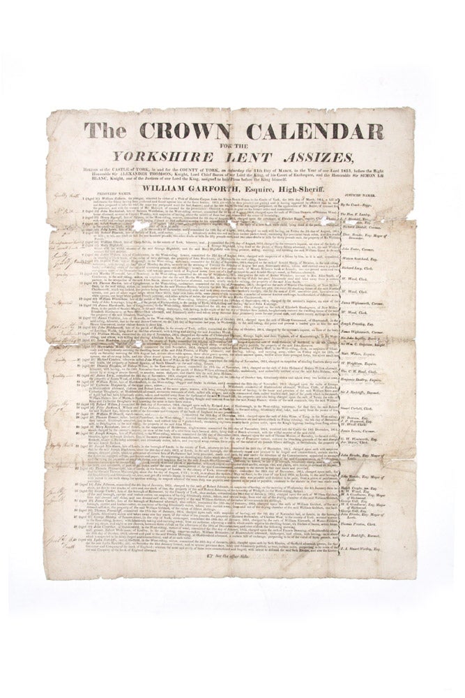 Item #4504356 The Crown Calendar for the Yorkshire Lent Assizes, holden at the Castle of York, in and for the County of York, on Saturday the 11th Day of March, in the Year of Our Lord 1815. transportation.