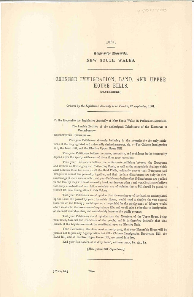 Item #4504720 Chinese Immigration, Land, and Upper House Bills. PARLIAMENT OF NEW SOUTH WALES.