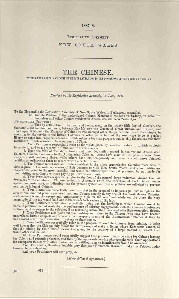Item #4504721 The Chinese. Petition from certain Chinese residents referring to the provisions of the Treaty of Pekin. PARLIAMENT OF NEW SOUTH WALES.