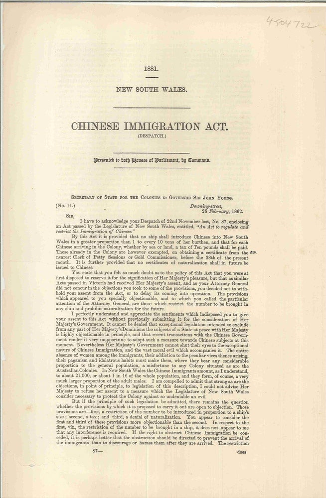 Item #4504722 Chinese Immigration Act. Despatch. Henry Pelham-Clinton NEWCASTLE, Duke of Newcastle.