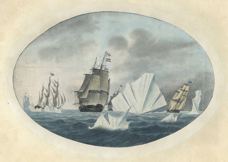 Item #4504759 Original watercolour of a British fleet of ships among icebergs. George TOBIN, attributed.
