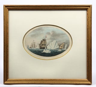 Original watercolour of a British fleet of ships among icebergs.