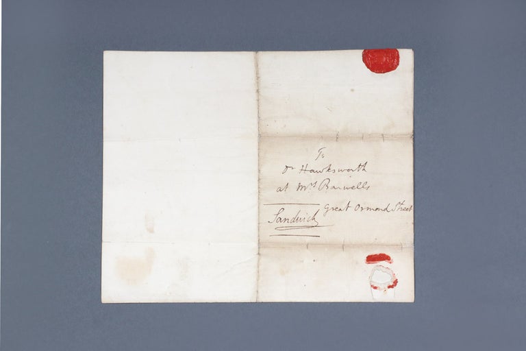 Item #4504815 Autograph letter signed, from the Earl of Sandwich to "Dr Hawkesworth at Mrs Banwells Great Ormond Street" COOK: FIRST VOYAGE, John Montagu SANDWICH, fourth Earl.