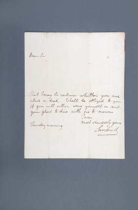 Autograph letter signed, from the Earl of Sandwich to "Dr Hawkesworth at Mrs Banwells Great Ormond Street"
