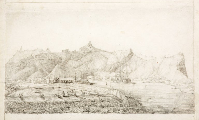 Item #4504924 Original drawing of Port Louis from the Ile aux Tonneliers. BAUDIN VOYAGE, Charles-Alexandre LESUEUR, attrib.
