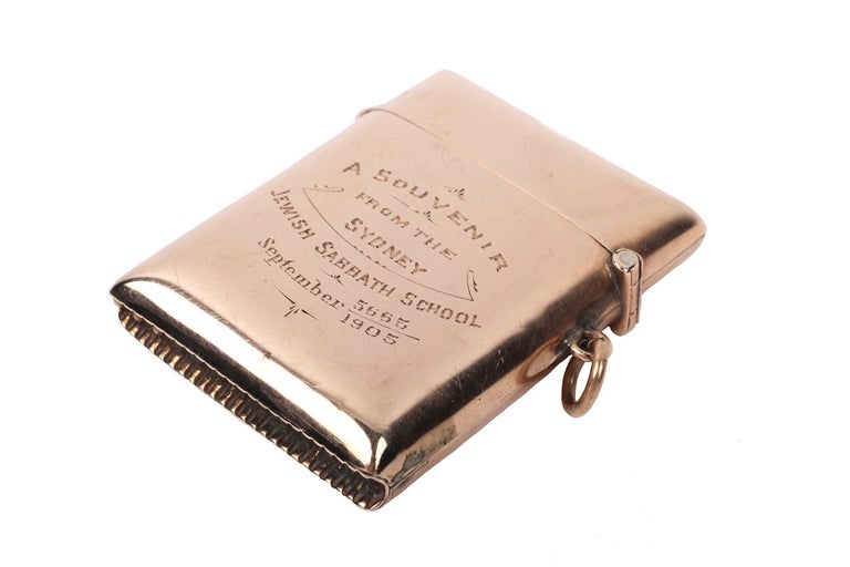 Item #5000696 Gold "Vesta" matchbox inscribed "A souvenir from the Sydney Jewish Sabbath School, 1905" with the monogrammed initials "M.A.C." Maurice Abraham SYDNEY JEWISH SABBATH SCHOOL. COHEN.