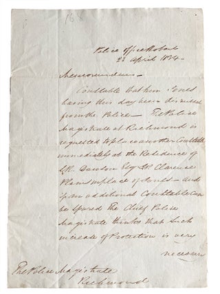 Item #5000932 Memorandum to the Police Magistrate at Richmond, Tasmania, asking for additional...