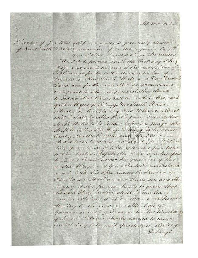 Item #5000933 Official Charter of Justice of New South Wales, addressed to the Right Honble the Lord Chancellor, detailing the appointment of Francis Forbes as the first Chief Justice of New South Wales. Francis CHARTER OF JUSTICE. FORBES.