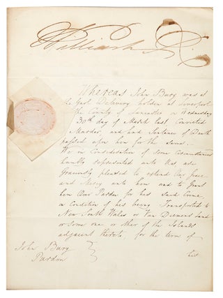 Item #5000938 Pardon for John Bury, sentenced to death for murder, commuting the sentence to...