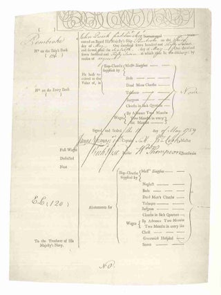Certificate of wages for John Quick, HMS Pembroke, signed by Lieutenant Cook.