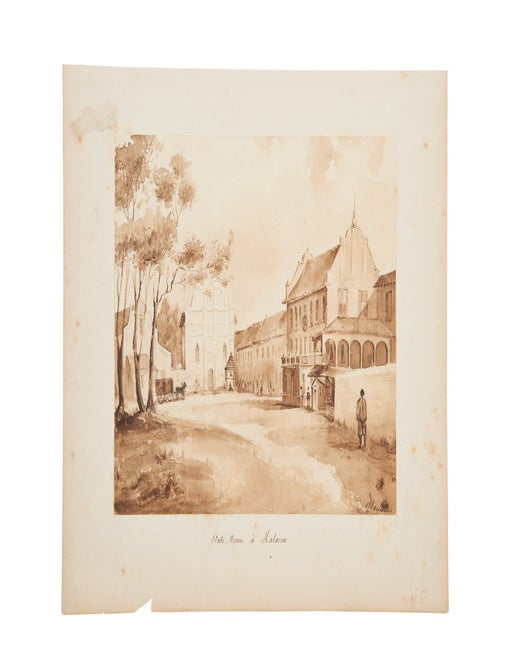 Item #6000027 A suite of seven original pen and sepia wash drawings of historic cities of the Straits of Malacca, George Town, Penang and Malacca, from Vaillant's 1836-7 circumnavigation in the Corvette La Bonite. VAILLANT VOYAGE, B&ecirc;noit-Henri DARONDEAU.