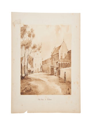 Item #6000027 A suite of seven original pen and sepia wash drawings of historic cities of the...