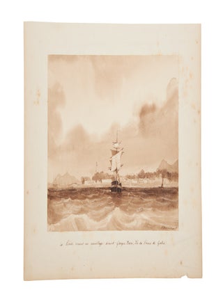 A suite of seven original pen and sepia wash drawings of historic cities of the Straits of Malacca, George Town, Penang and Malacca, from Vaillant's 1836-7 circumnavigation in the Corvette La Bonite.