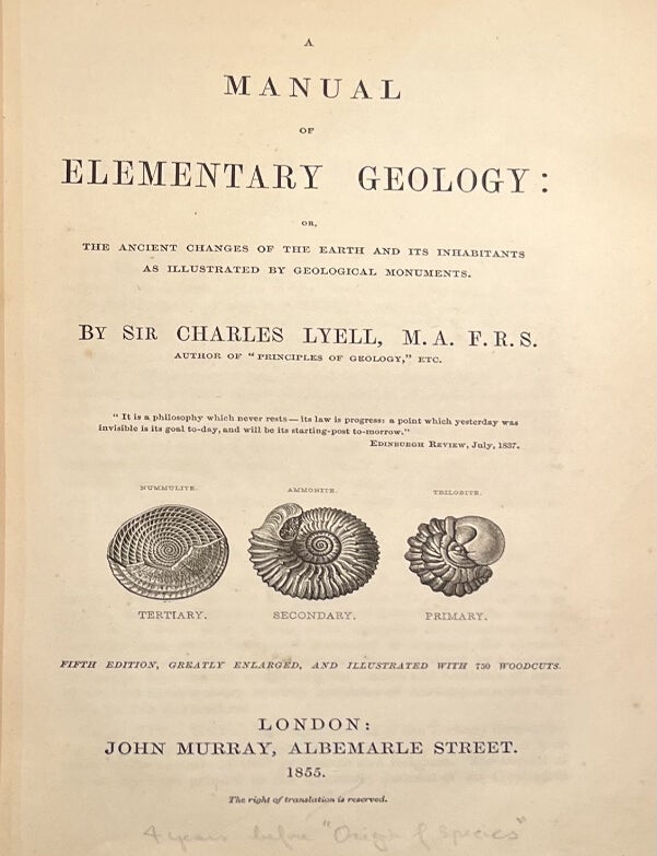 Item #6000058 A Manual of Elementary Geology: or, the Ancient Changes of the Earth and Its Inhabitants, as Illustrated by by Geological Monuments. Sir Charles LYELL.