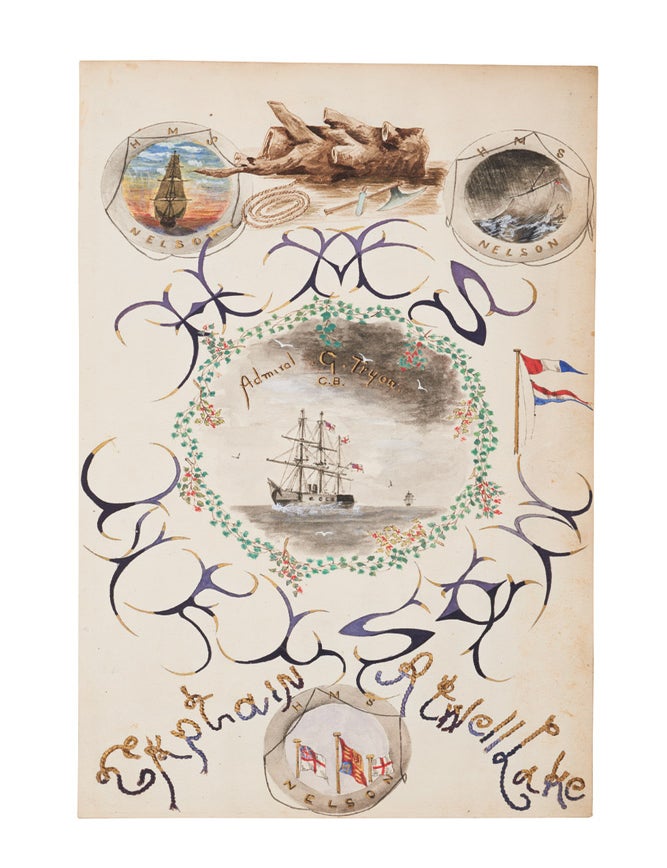 Item #6000091 "HMS Nelson. Admiral G. Tryon C.B.; Captain Atwell Lake". [Illustrated Journal of HMS Nelson, Flagship on the Australia Station, 25 April 1885 to 6 June 1887 [with] Journal entries for HMS Tyne, 7 June to 14 July 1887]. Flagship AUSTRALIA STATION. HMS NELSON.
